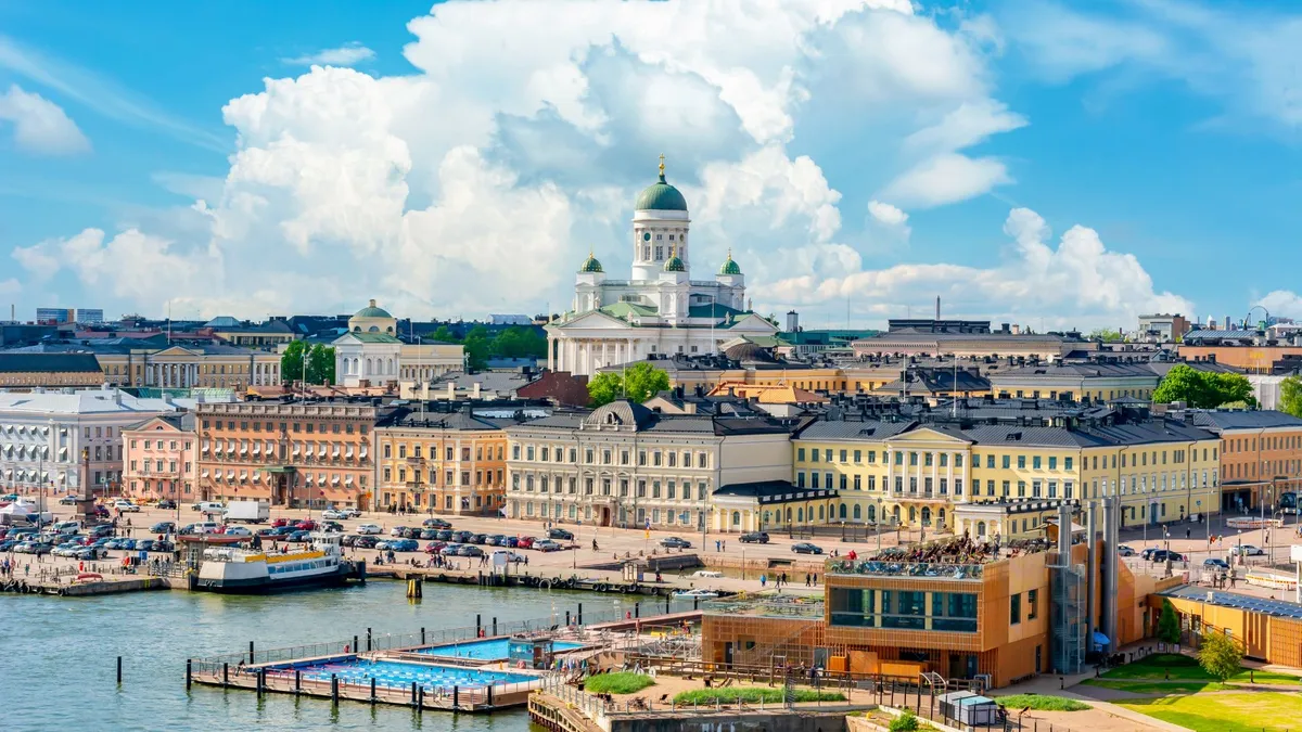 Helsinki from above, with the cathedral, the market square and the harbour.